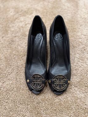 Tory Burch Black Leather Peep-Toe Heels with Gold Logo Medallions